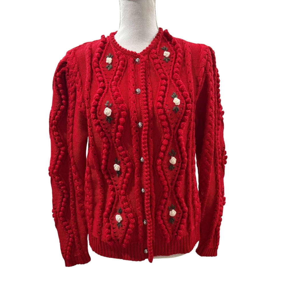 Lanamoden‎ Salzburg Red Wool Cable Knit Cardigan Embroidered Flowers Austria